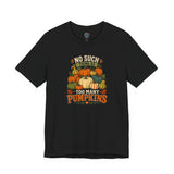 Black T-shirt with “NO SUCH THING AS” and “TOO MANY PUMPKINS” pumpkin graphic