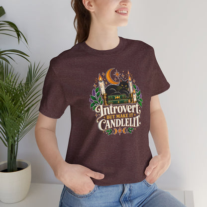Introvert But Make It Candlelit T-shirt - Witchy Bookish Cat Tee