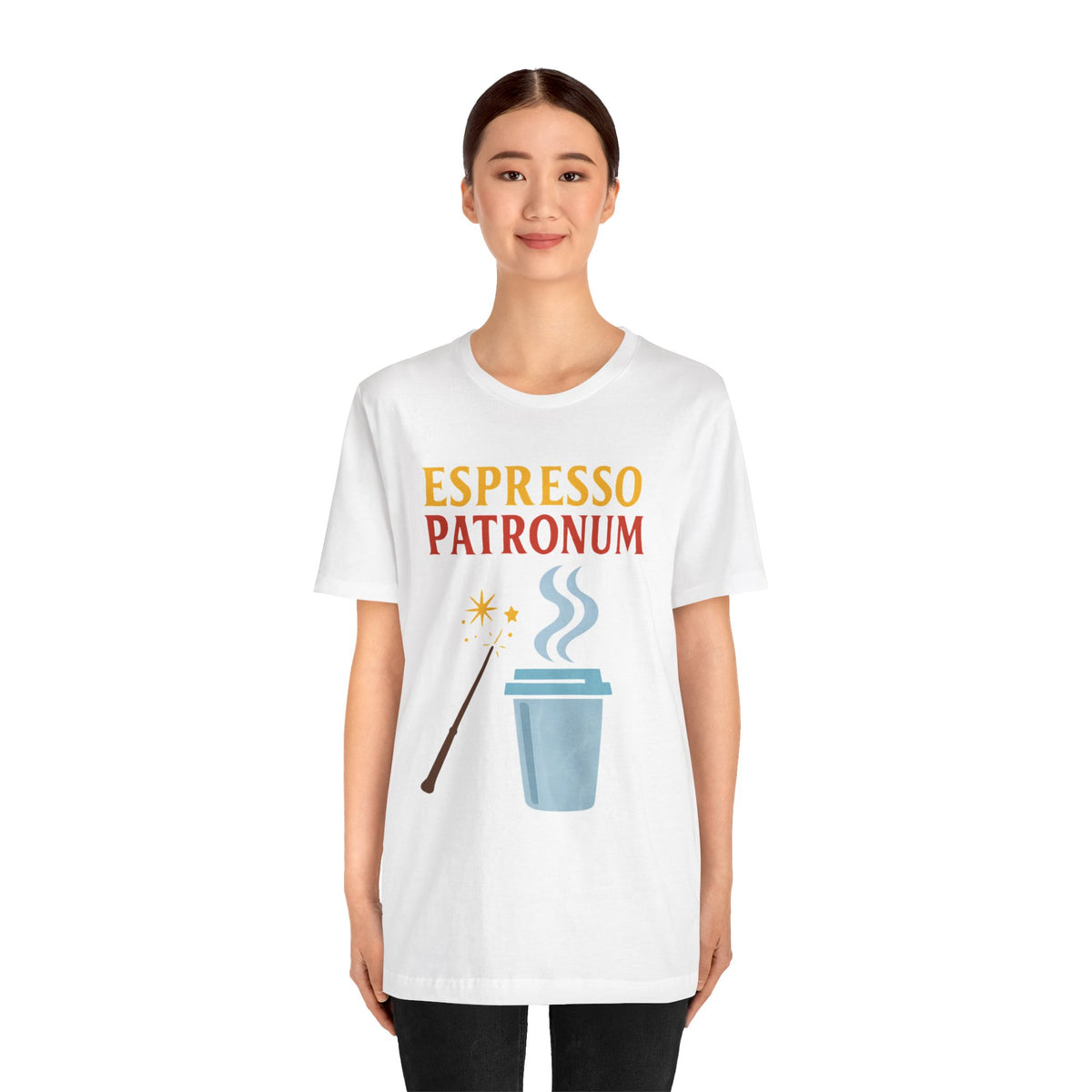 White crew-neck T-shirt with espresso graphic centered on chest