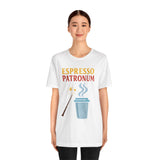 White crew-neck T-shirt with espresso graphic centered on chest