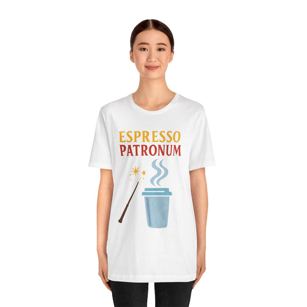White crew-neck T-shirt with espresso graphic centered on chest