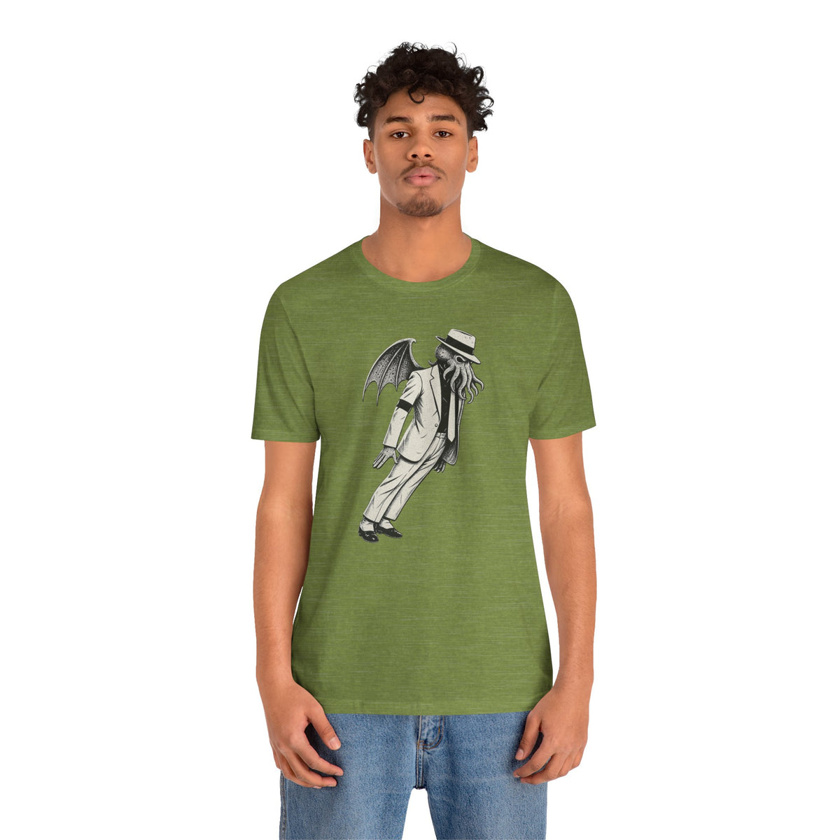 Heather green short-sleeve crewneck t-shirt with front monster graphic wearing a top hat
