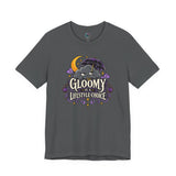 Charcoal gray t-shirt with cartoon goth bat umbrella graphic at chest