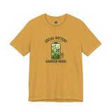 Mustard gold T-shirt with 'Social Battery Charging' and 'Garden Mode' plant graphic