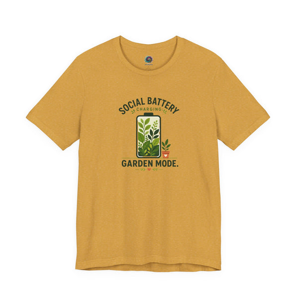 Mustard gold T-shirt with 'Social Battery Charging' and 'Garden Mode' plant graphic