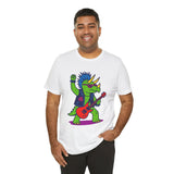 White crewneck T-shirt with triceratops punk rocker graphic holding a red guitar