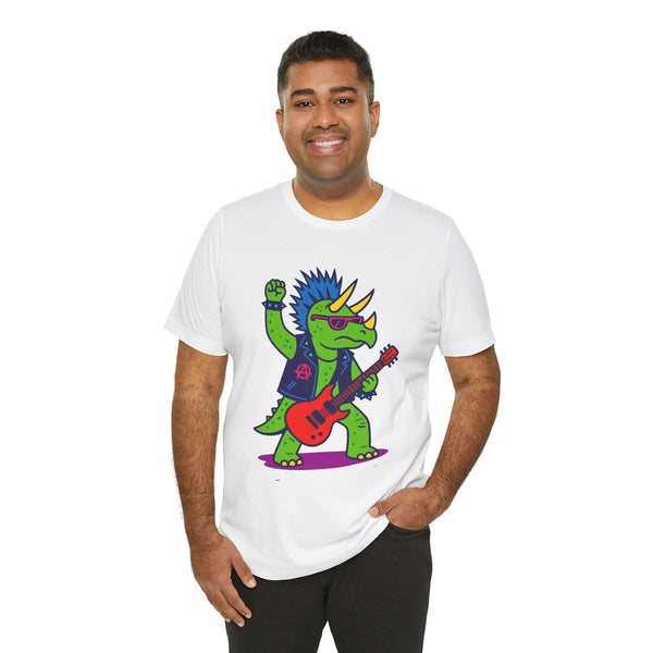 White crewneck T-shirt with triceratops punk rocker graphic holding a red guitar