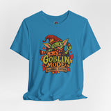 Blue crew-neck graphic T-shirt with Goblin Mode seasonal design on front
