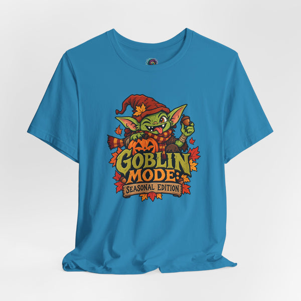 Blue crew-neck graphic T-shirt with Goblin Mode seasonal design on front