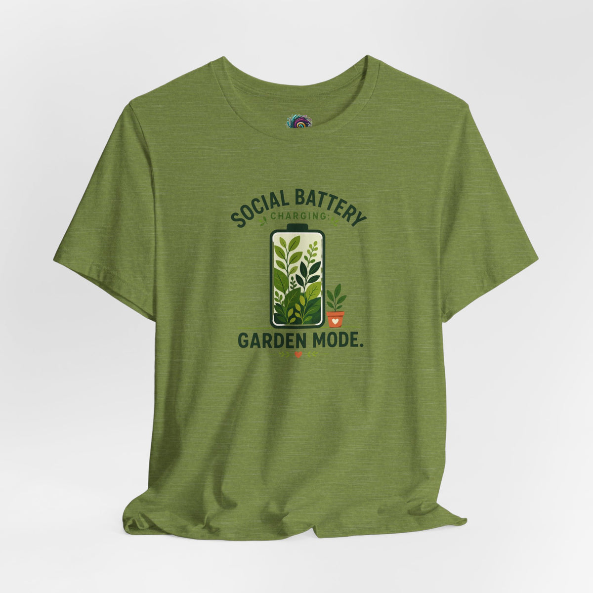 Olive green T-shirt with chest print: “Social Battery Charging” and “Garden Mode”