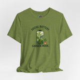 Olive green T-shirt with chest print: “Social Battery Charging” and “Garden Mode”