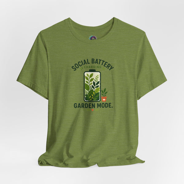 Olive green T-shirt with chest print: “Social Battery Charging” and “Garden Mode”