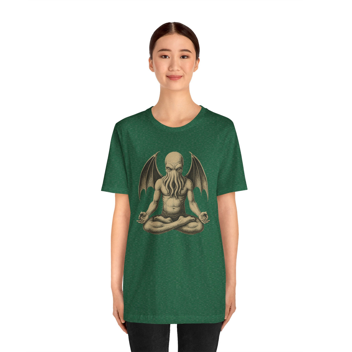 Unisex graphic t-shirt in dark green with meditating Cthulhu-style artwork on chest