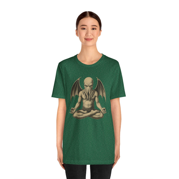 Unisex graphic t-shirt in dark green with meditating Cthulhu-style artwork on chest