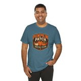 Teal heather crewneck T-shirt with Pumpkin Patch Social Club graphic on chest