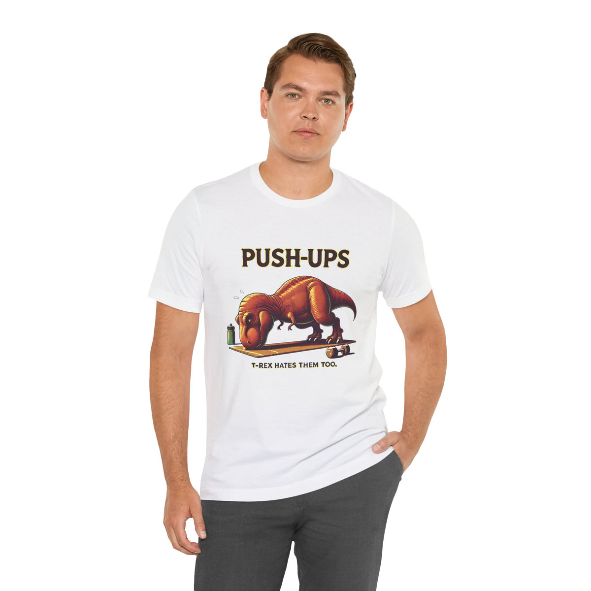 White crewneck T-shirt with PUSH-UPS text and T-Rex push-up workout graphic