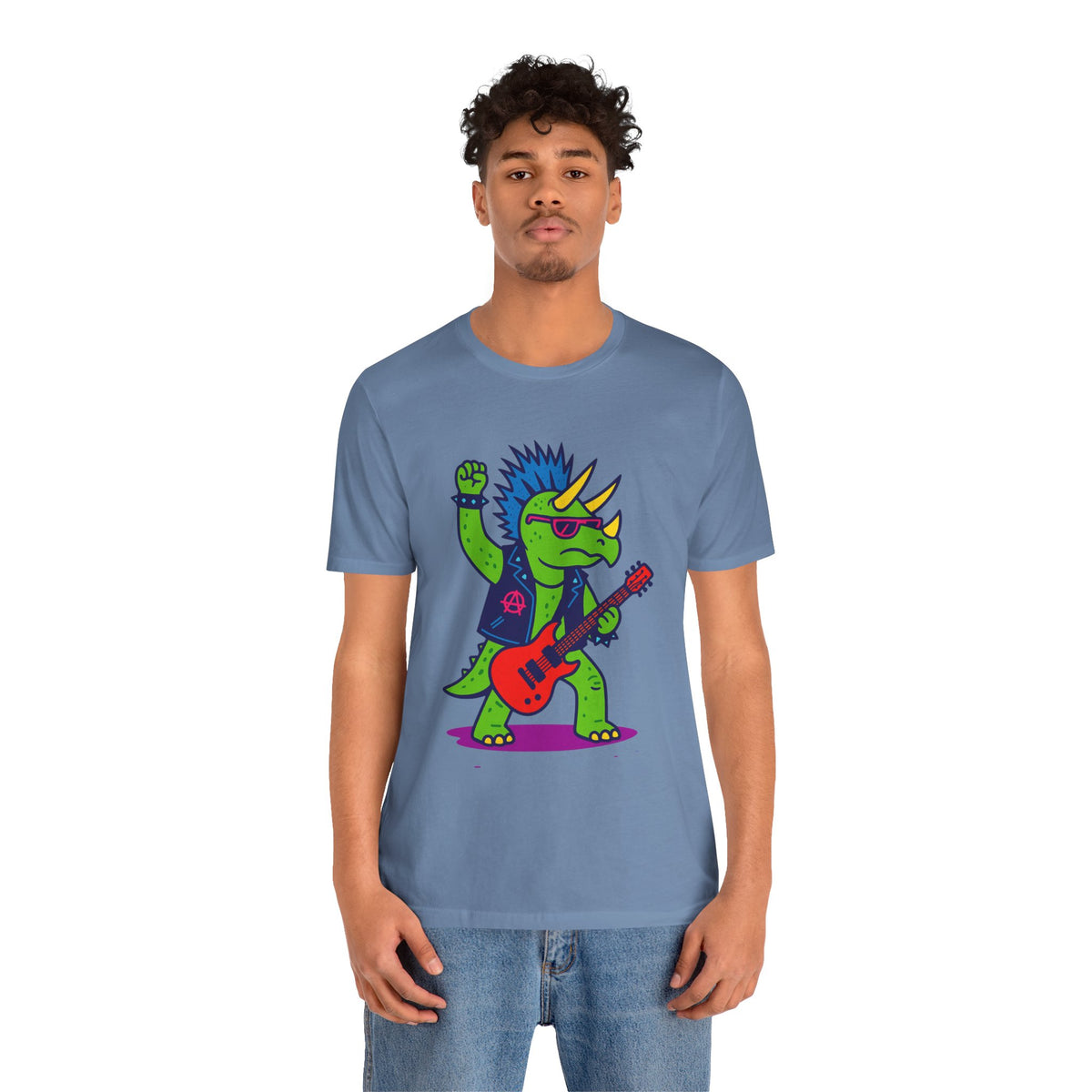Steel blue short-sleeve crewneck T-shirt with triceratops rock band graphic and red guitar