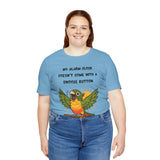 Light blue parrot graphic alarm clock T-shirt on female model, conure and 'Snooze button'