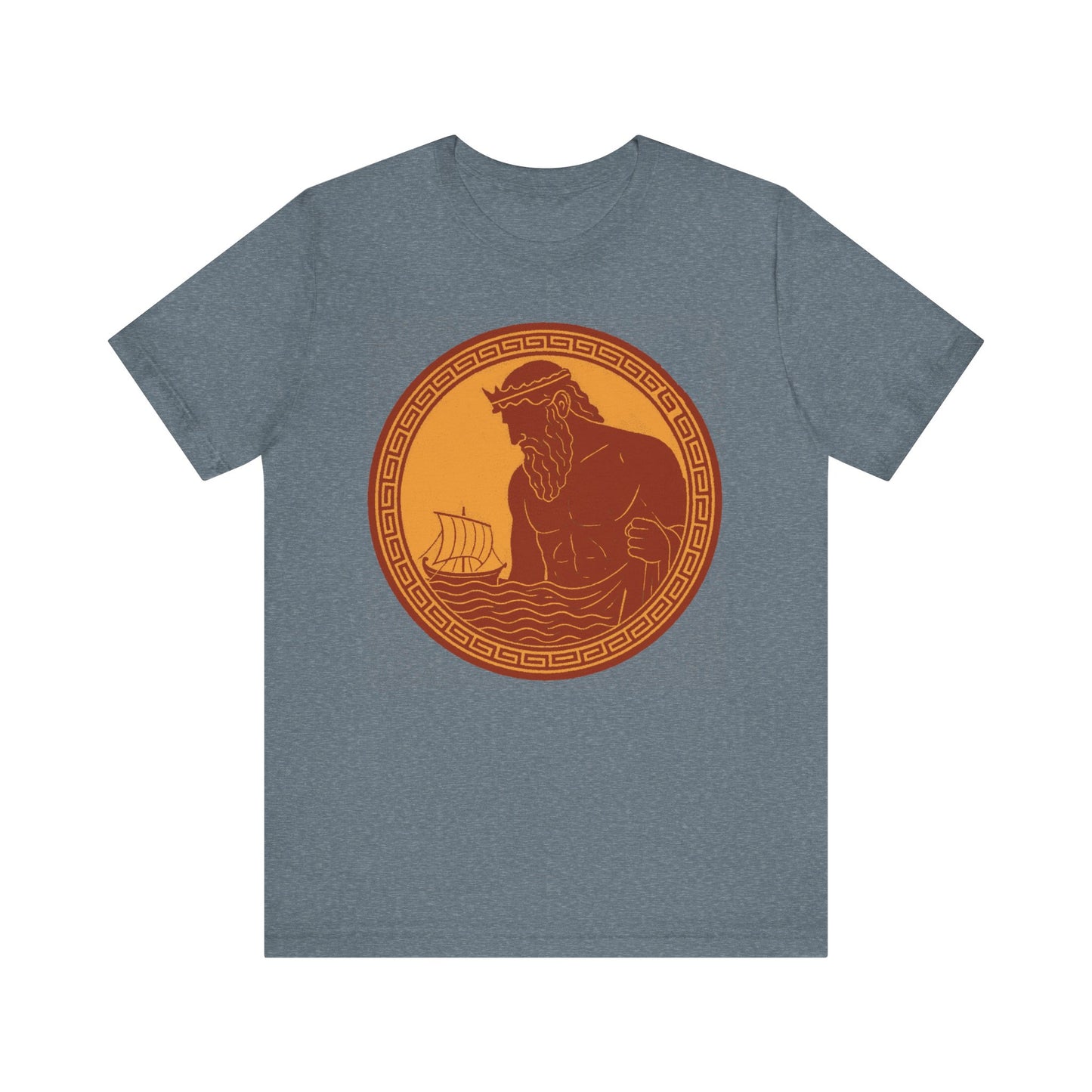 Slate Poseidon Epic T shirt from WhimSpin. This shirt features an ancient greek amphora style image of Poseidon raising from the sea and looming over a boat on the waves. Image is in terracotta cotta red and golden yellow. 