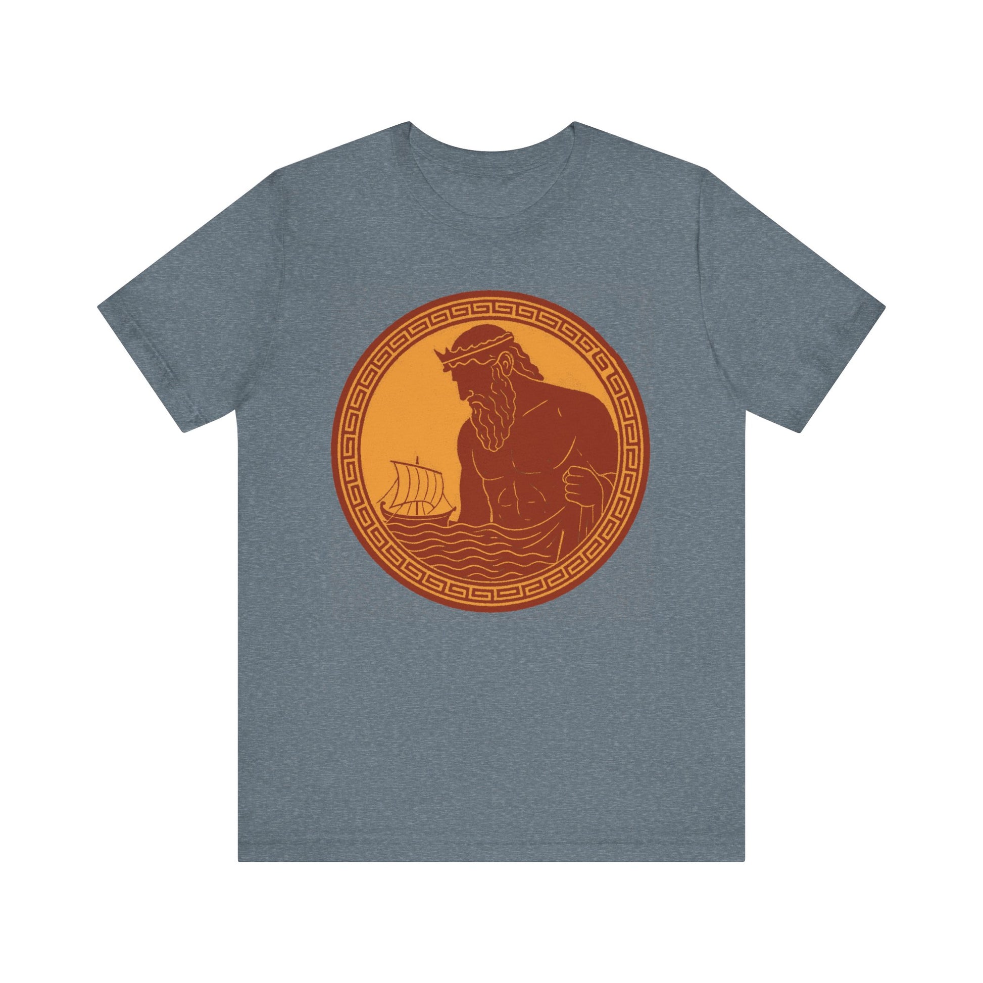 Slate Poseidon Epic T shirt from WhimSpin. This shirt features an ancient greek amphora style image of Poseidon raising from the sea and looming over a boat on the waves. Image is in terracotta cotta red and golden yellow. 
