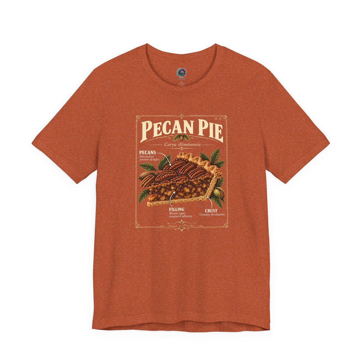 Rust orange pecan pie graphic T-shirt with front illustration and crew neck