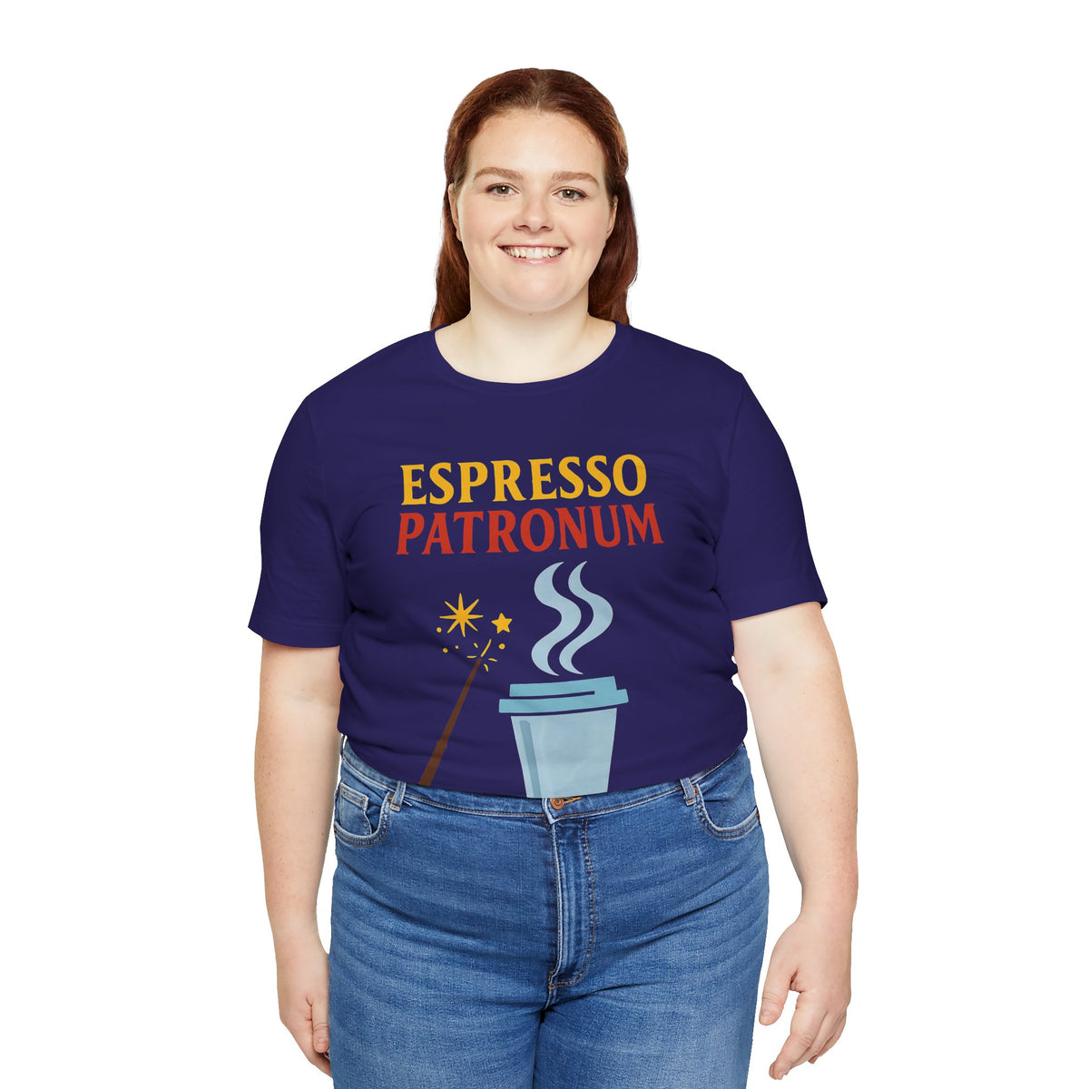 Navy graphic tee with “ESPRESSO PATRONUM” lettering and coffee-magic artwork