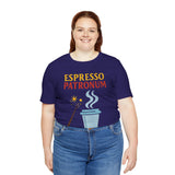 Navy graphic tee with “ESPRESSO PATRONUM” lettering and coffee-magic artwork