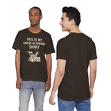 Black crewneck T-shirt: front has “This Is My Snow-Blowing Shirt” graphic; back is plain