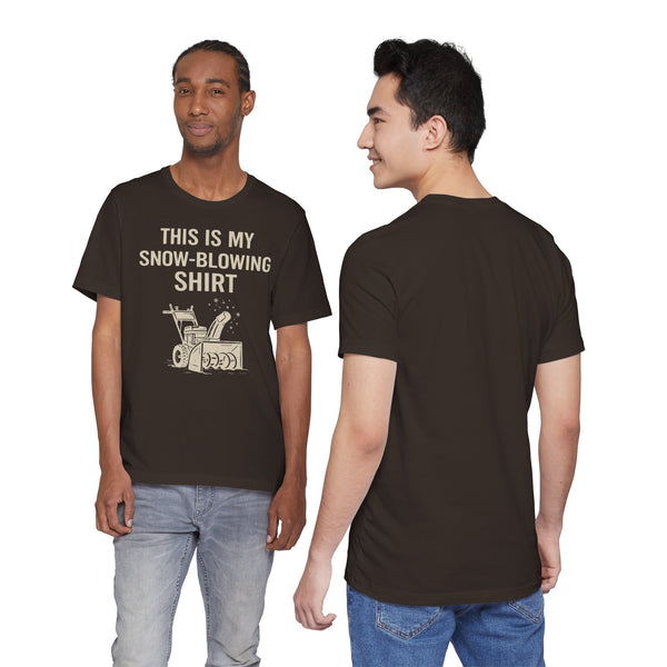 Black crewneck T-shirt: front has “This Is My Snow-Blowing Shirt” graphic; back is plain