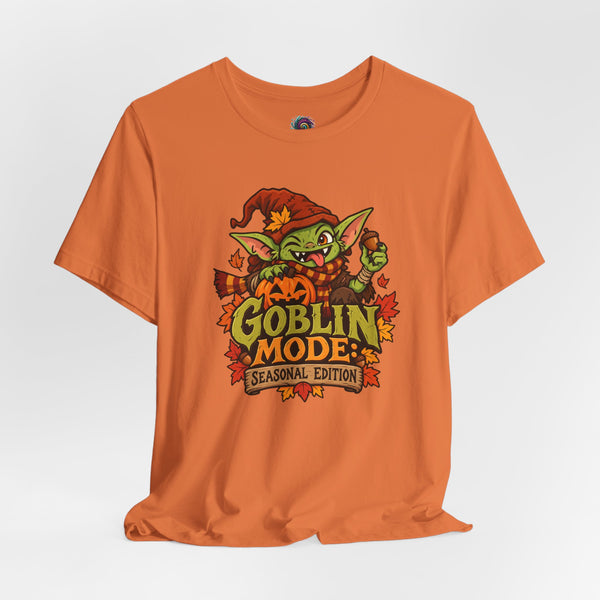 Burnt orange crew-neck T-shirt with colorful "Goblin Mode" seasonal graphic