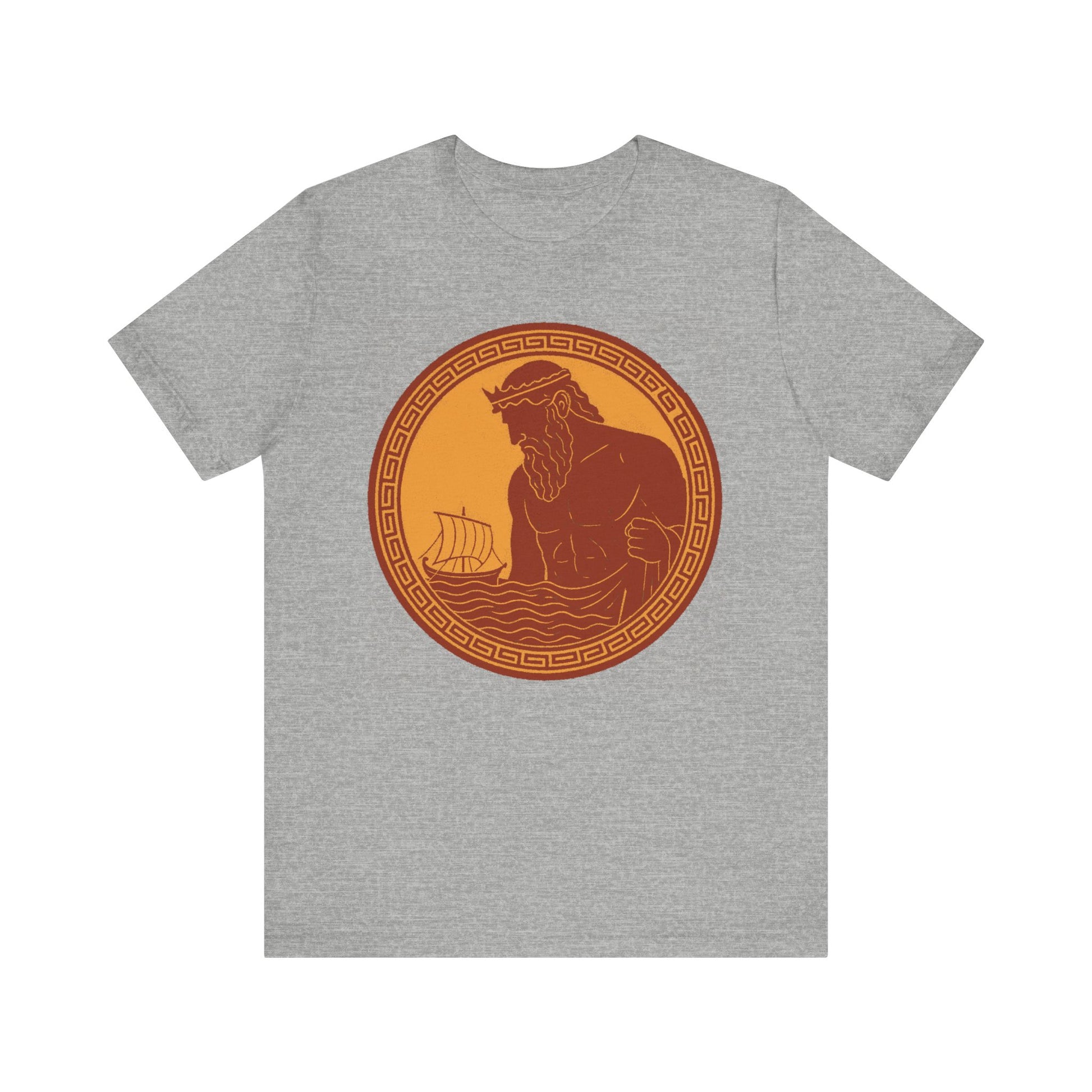 Gray Poseidon Epic T shirt from WhimSpin. This shirt features an ancient greek amphora style image of Poseidon raising from the sea and looming over a boat on the waves. Image is in terracotta cotta red and golden yellow. 