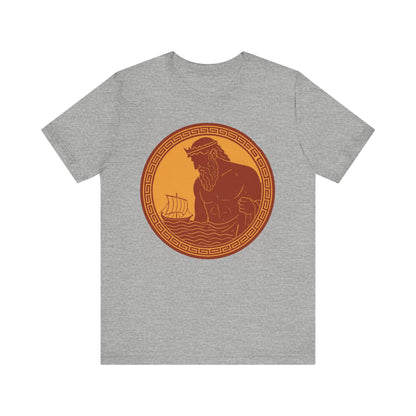 Gray Poseidon Epic T shirt from WhimSpin. This shirt features an ancient greek amphora style image of Poseidon raising from the sea and looming over a boat on the waves. Image is in terracotta cotta red and golden yellow. 