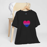 Black crew-neck T-shirt with bi pride heart graphic on chest