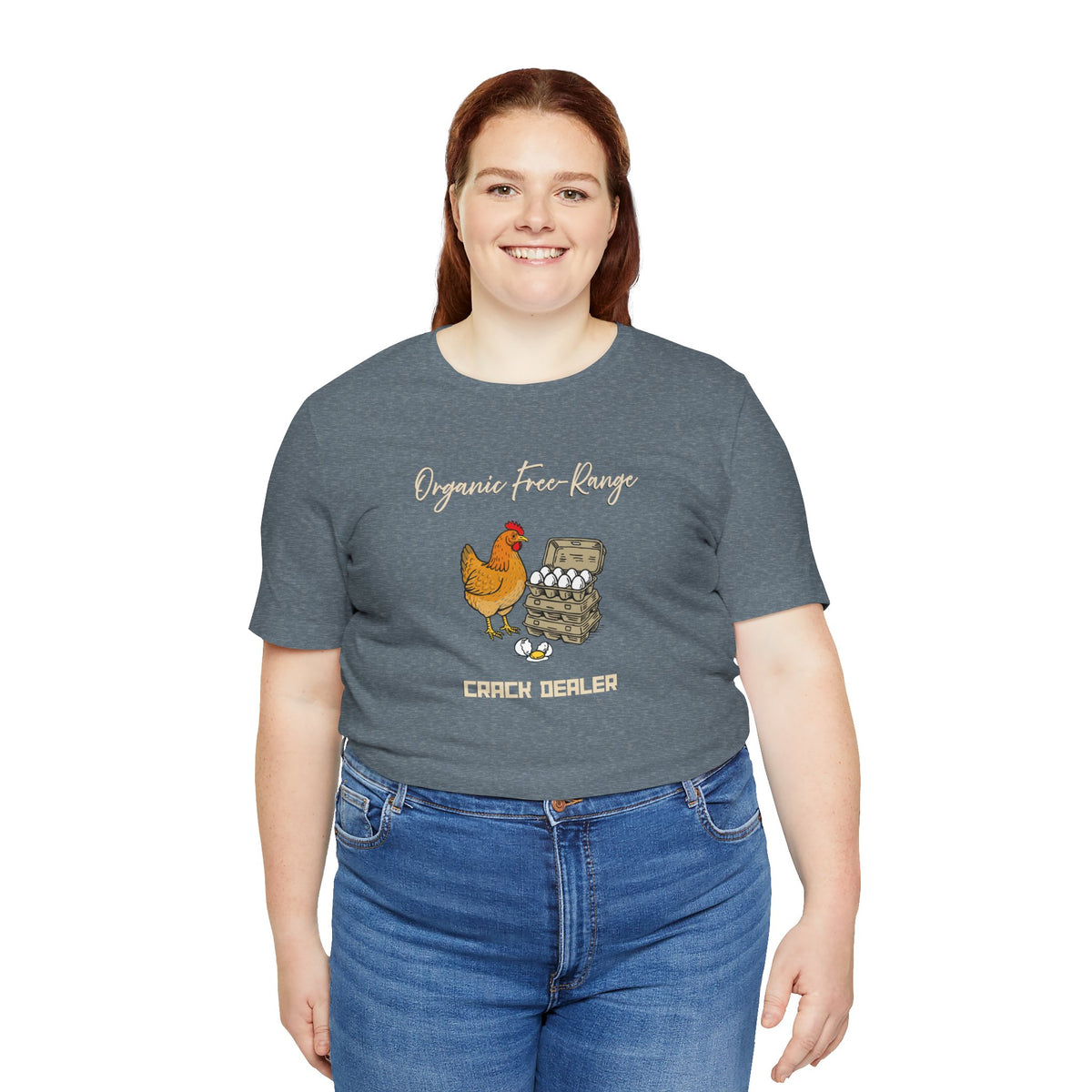 Heather blue short-sleeve T-shirt with chicken and egg graphic, crew neck