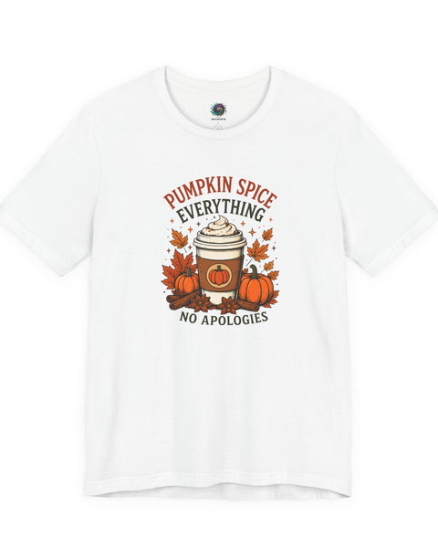 White crew-neck t-shirt with pumpkin spice coffee graphic and "No Apologies"