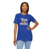 Blue crewneck T-shirt with colorful “Team Cat, Obviously” front graphic