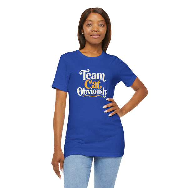 Blue crewneck T-shirt with colorful “Team Cat, Obviously” front graphic