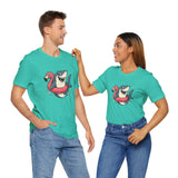 Two models wearing teal crew-neck T-shirts with shark and flamingo floatie graphic