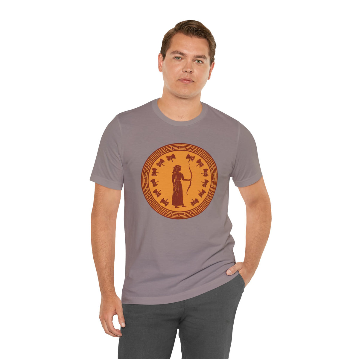 Heather gray crewneck t-shirt with orange circular goddess graphic at chest