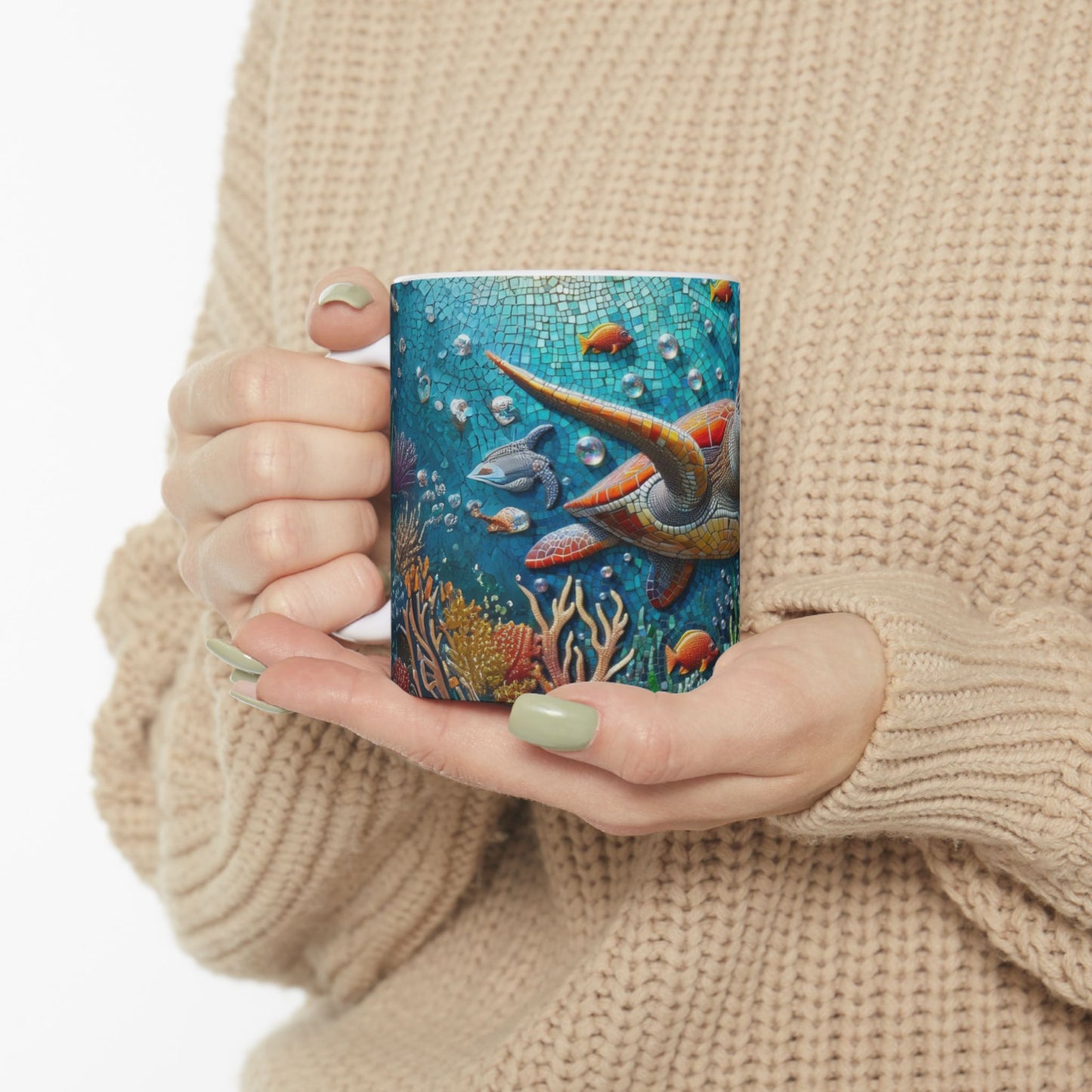 Ocean Mosaic Turtle Mug – Artistic Sea Life Coffee Cup - WhimSpin - https://whimspin.com
