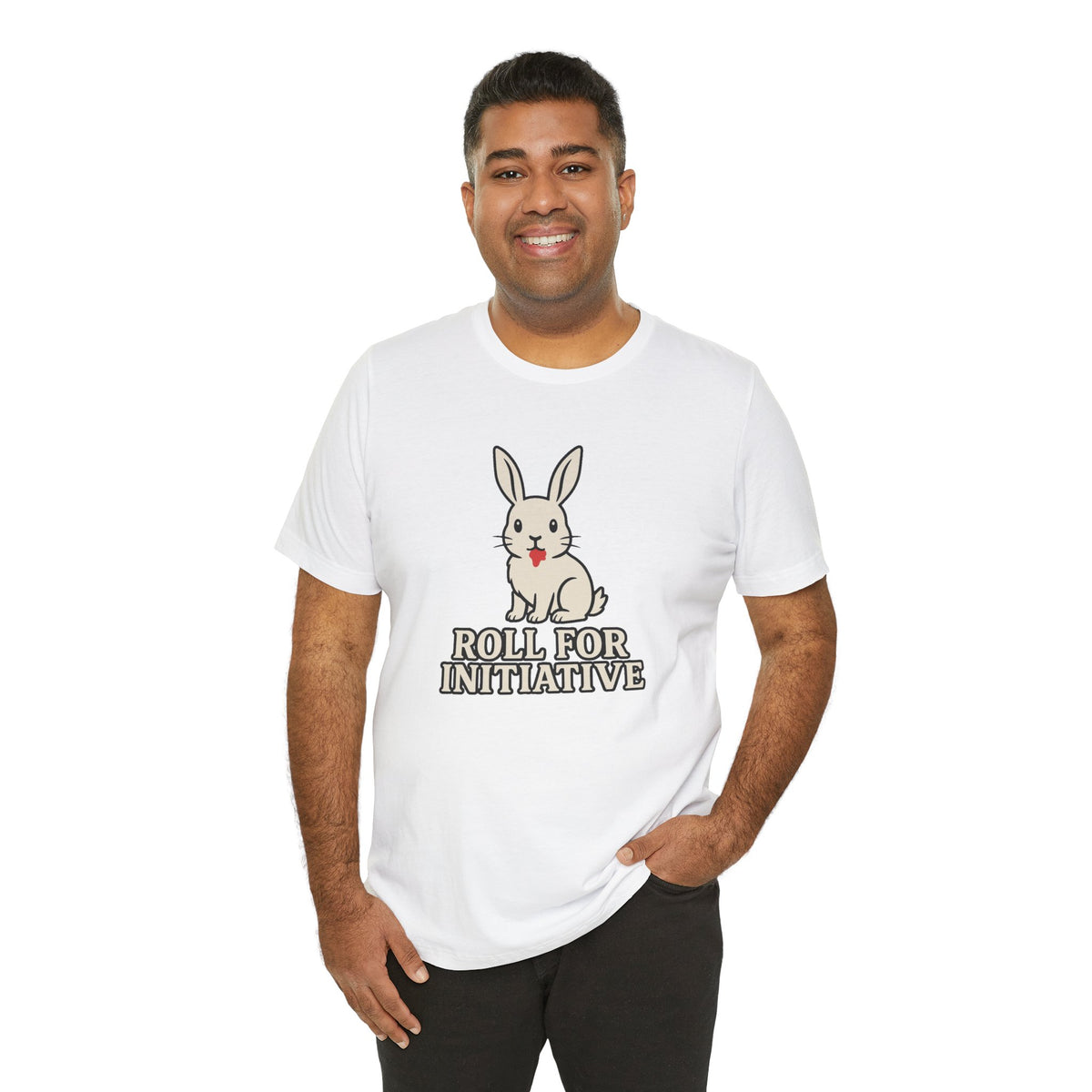 White crew-neck T-shirt with bunny character and “ROLL FOR INITIATIVE” graphic
