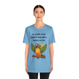 Blue parrot graphic alarm clock T-shirt, 'Snooze button' text with conure
