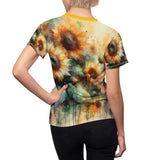 Watercolor floral print T-shirt back view with yellow crew neck trim and short sleeves