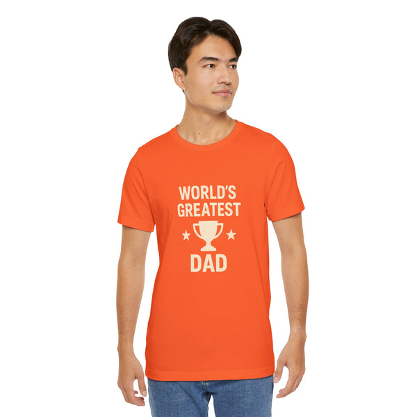 Orange men's graphic t-shirt with 'World's Greatest Dad' trophy and stars front
