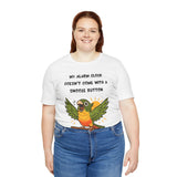 White crewneck T-shirt with parrot graphic, alarm slogan, and wing details