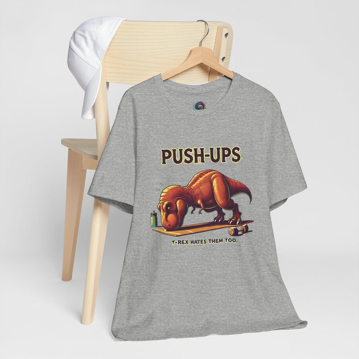 Heather gray crew-neck graphic T-shirt with T-Rex “Push-ups” workout print
