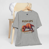 Heather gray crew-neck graphic T-shirt with T-Rex “Push-ups” workout print