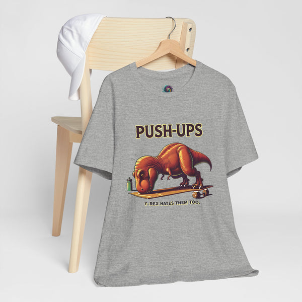 Heather gray crew-neck graphic T-shirt with T-Rex “Push-ups” workout print