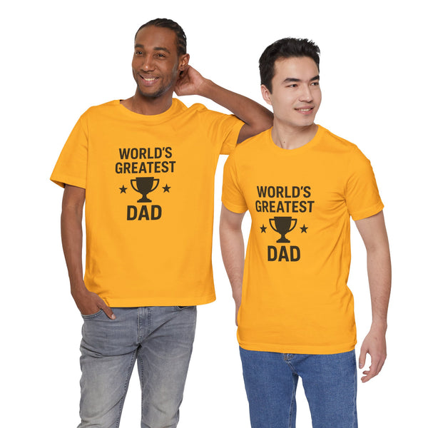Orange T-shirt with trophy and “World’s Greatest Dad” text graphic, worn by models