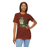 Rust-brown crewneck T-shirt with chest “NI Landscaping Service” cactus graphic